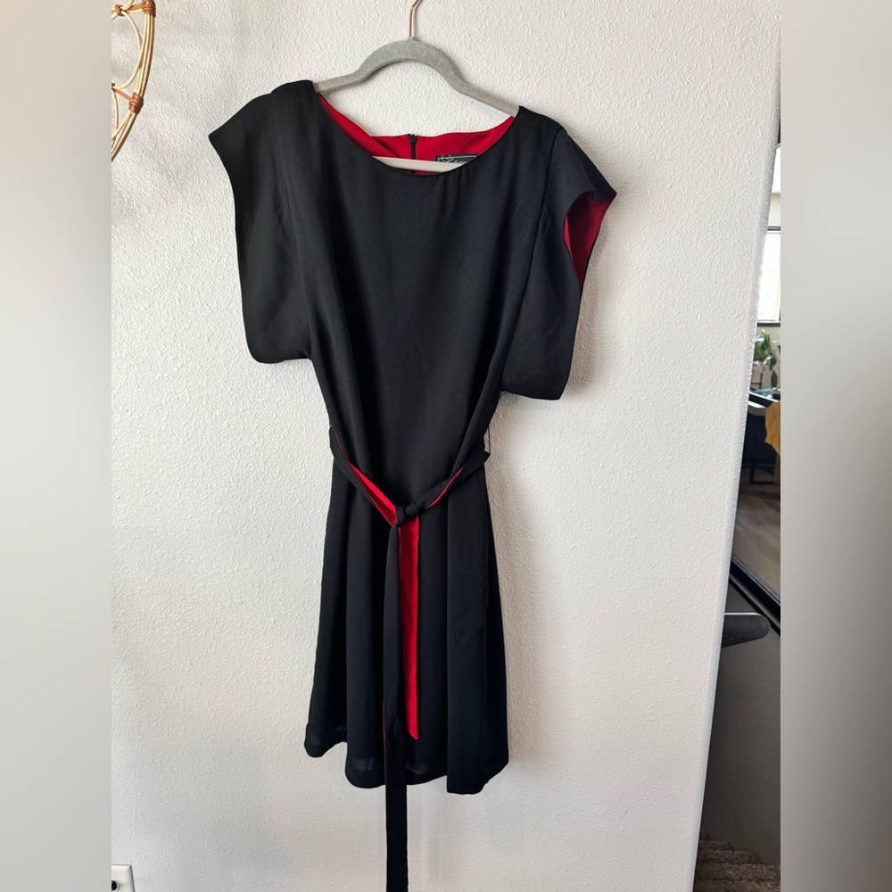 Y2K Dressbarn Collection Black and Red Belted Midi Dress. Size 8